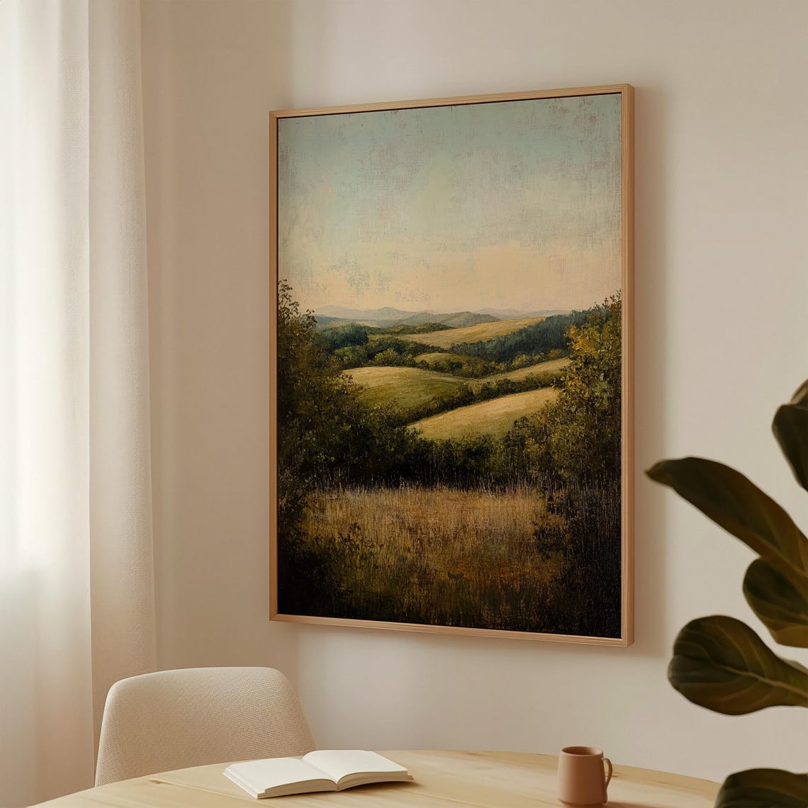 Sunlit Rolling Countryside Hills Dusk Landscape Painting Poster