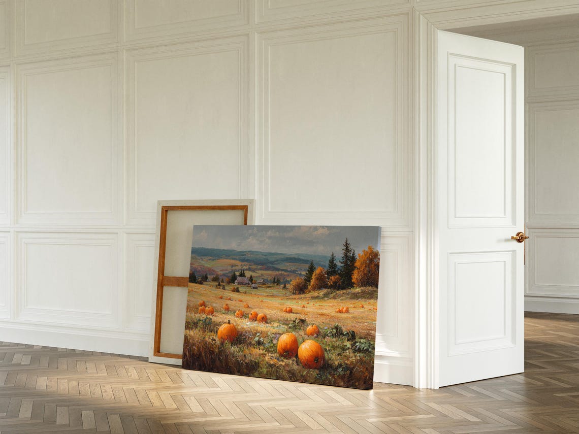 Pumpkin Patch Landscape Painting Rustic Autumn Farmhouse Wall Art For Cozy Harvest Decor