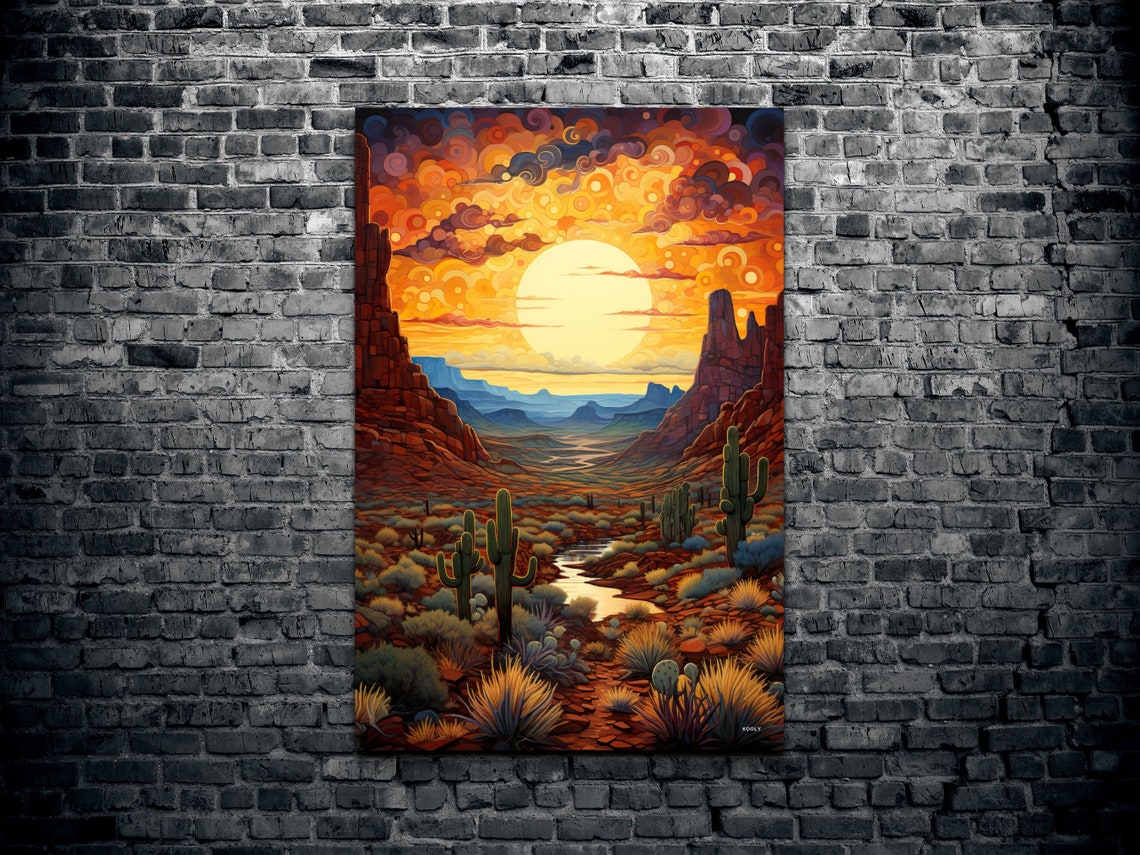 Desert Canyon Sunset With Saguaros Swirling Sky Landscape Poster - Image 2