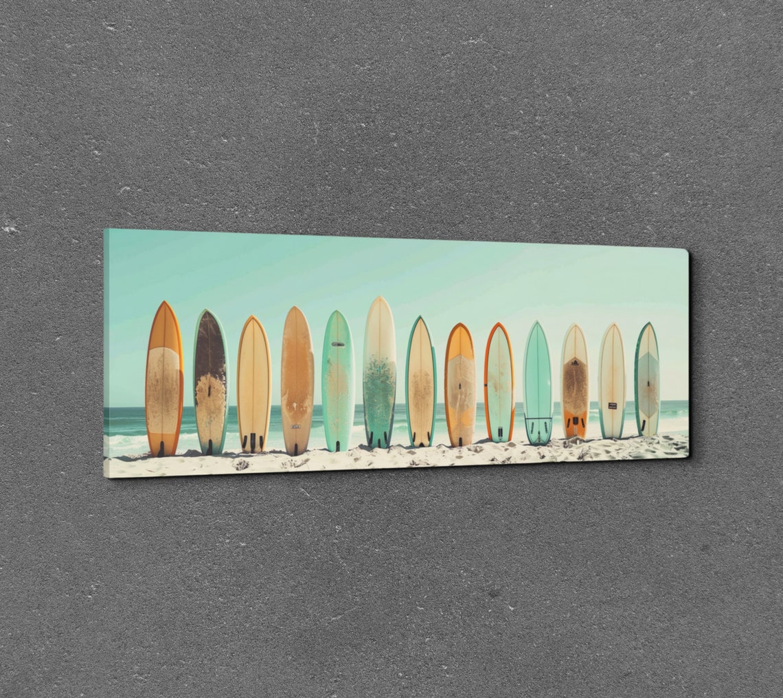 Pastel Color Palette Surfboard Lineup Ready To Hang Panoramic Wall Art Prints Retro Style Surf Art Panoramic Wall Art - Image 3