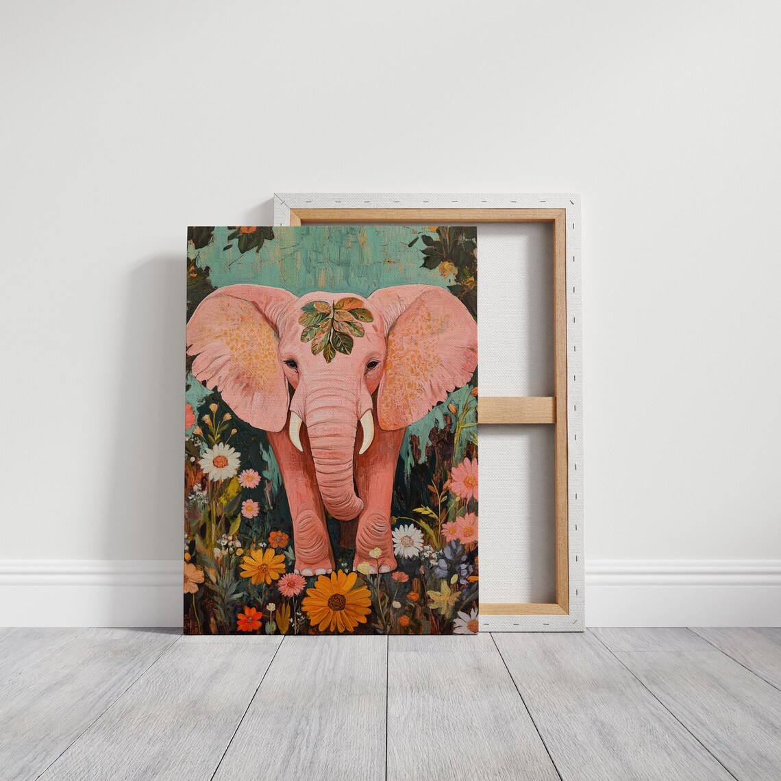 Pink Elephant Boho Art Print, Floral Wildlife - Image 3