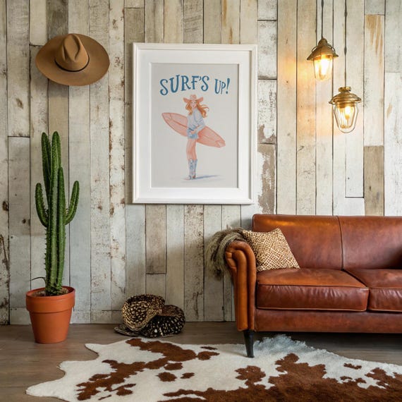 Surfs Up Cowgirl With Board Illustration