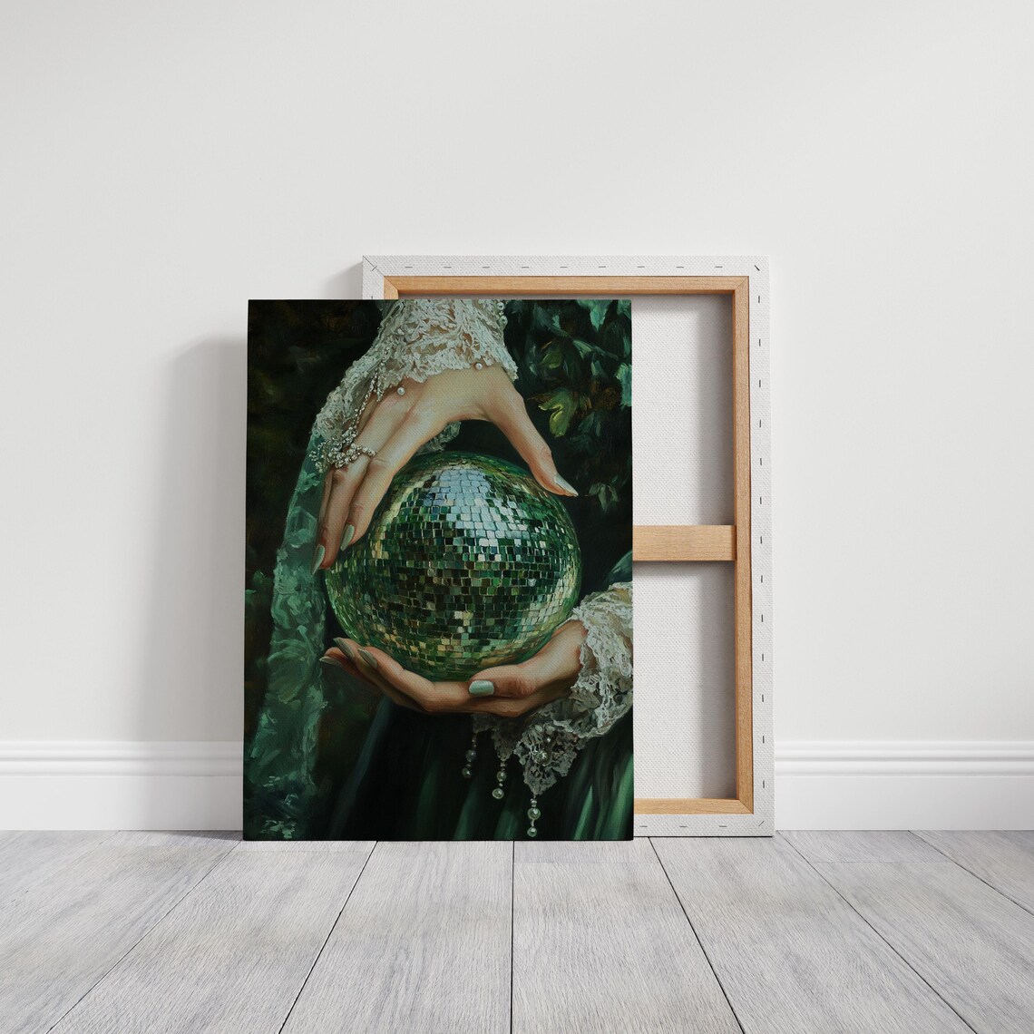 Woman in Green Dress Holding Sparkling Disco Ball in Hands Poster - Image 6