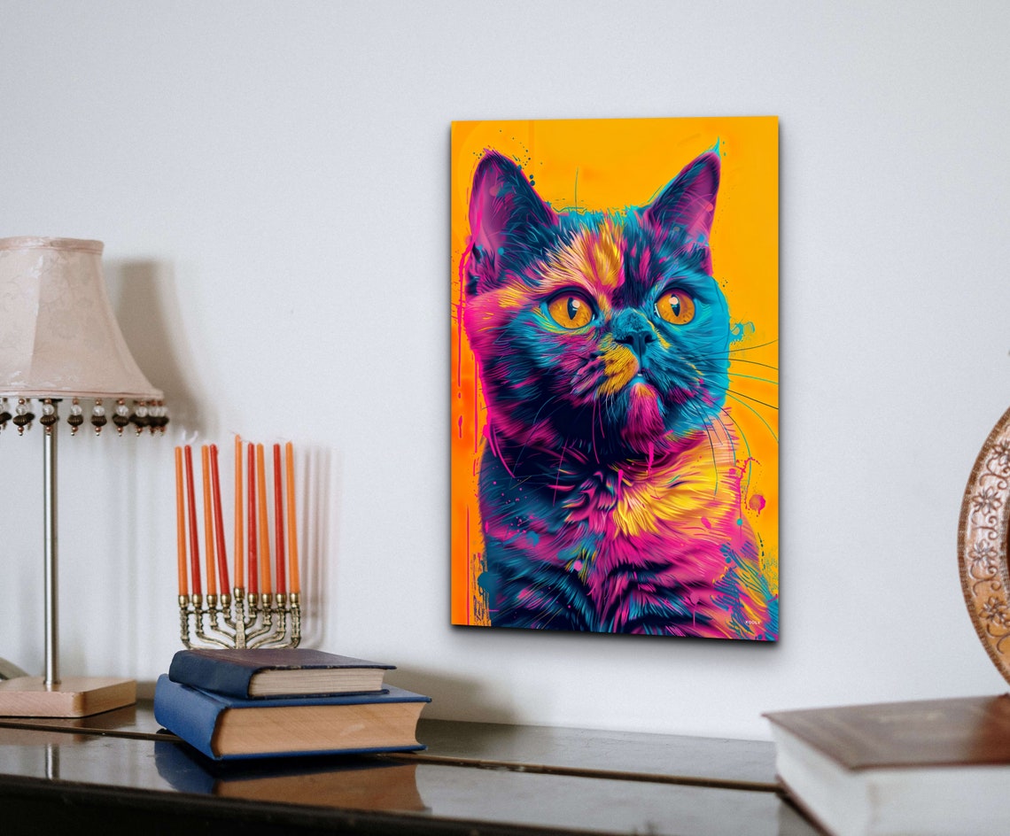 Colorful Cat Portrait on Bright Yellow Pop Art Background Wall Art - Image 3