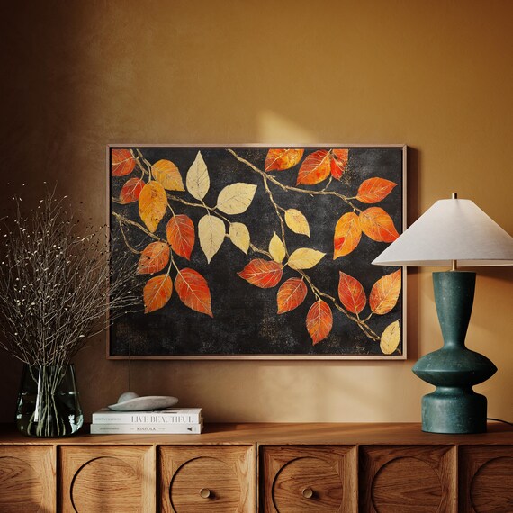 Autumn Leaves Branch Red And Gold Foliage On Dark Botanical Poster