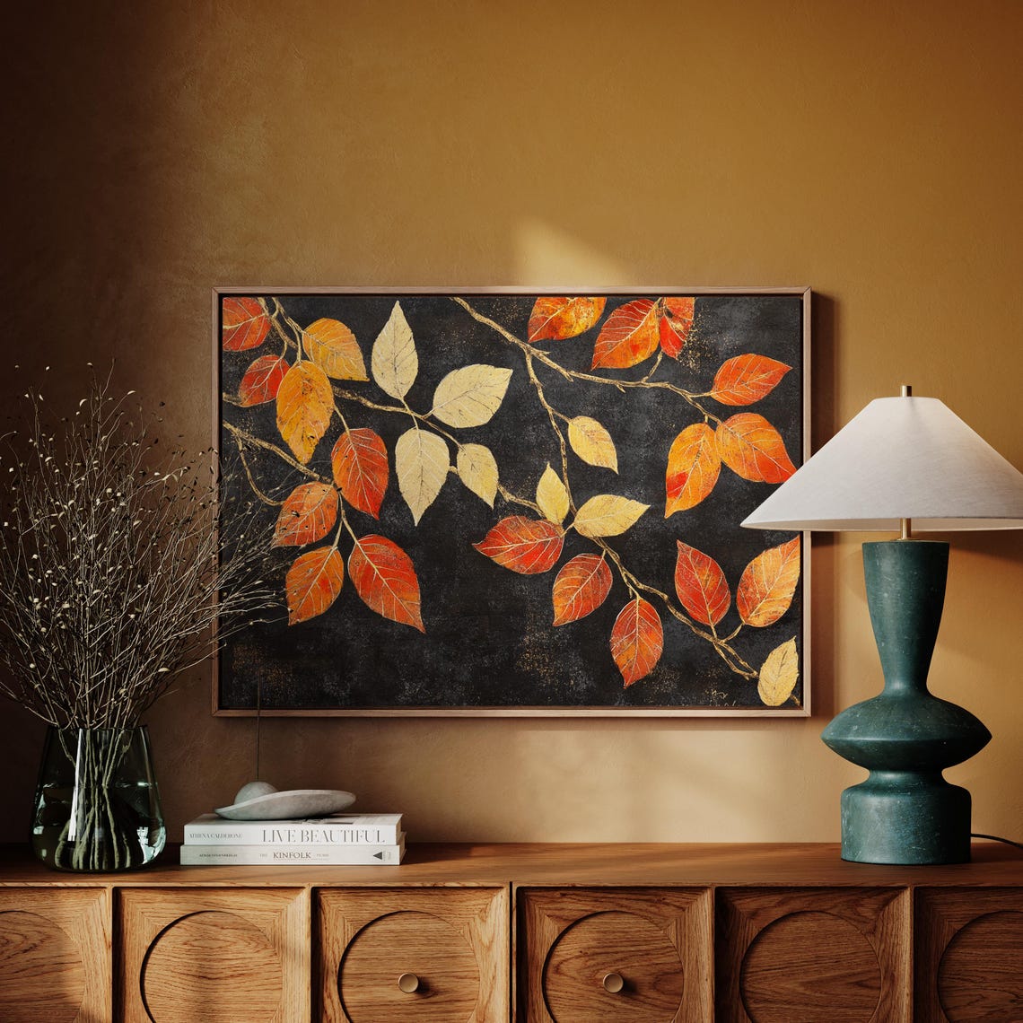 Autumn Leaves Branch Red And Gold Foliage On Dark Botanical Poster