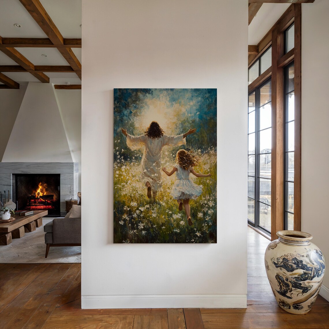 Jesus And Child Running in a Meadow, Christian Art Print - Image 4
