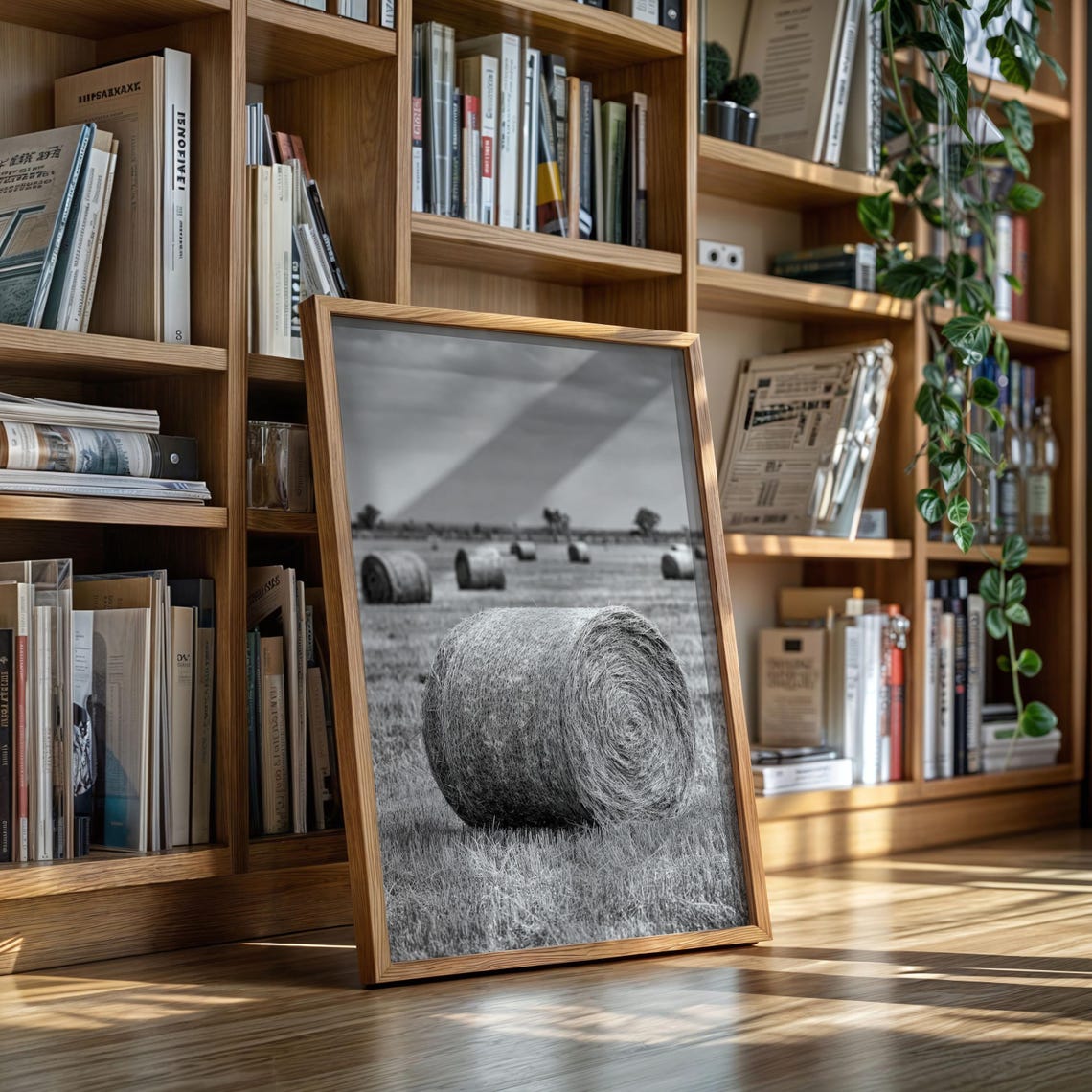 Black And White Round Hay Bale Farm Field Rustic Photography Print