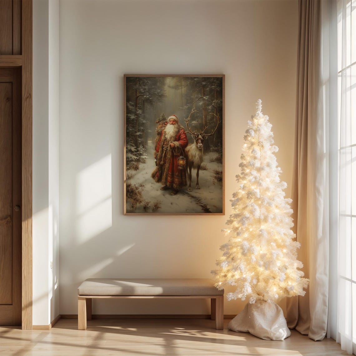 Victorian Santa With Lantern and Reindeer in Forest Painting Poster