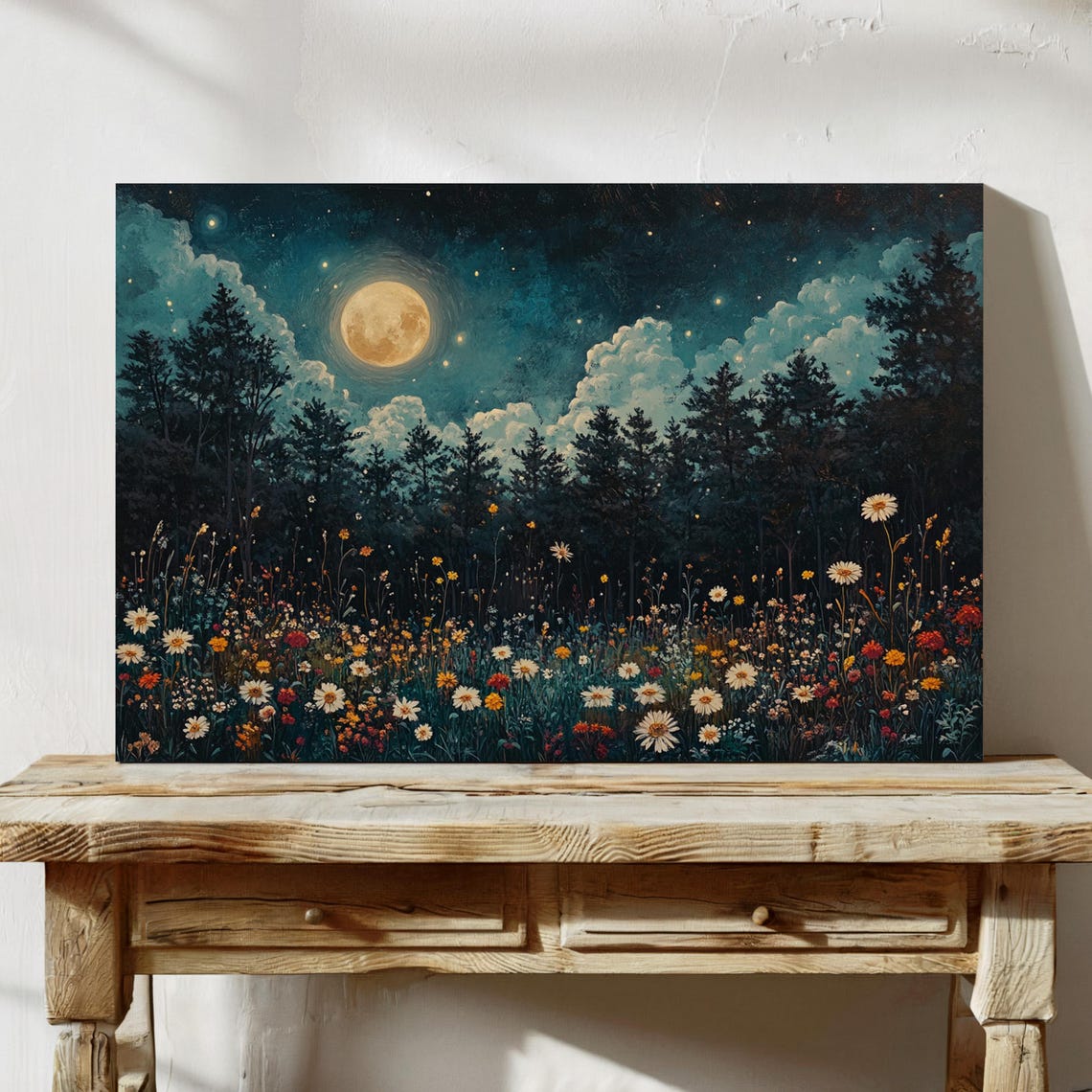 Full Moon Over Moonlit Forest And Wildflower Meadow Night Poster