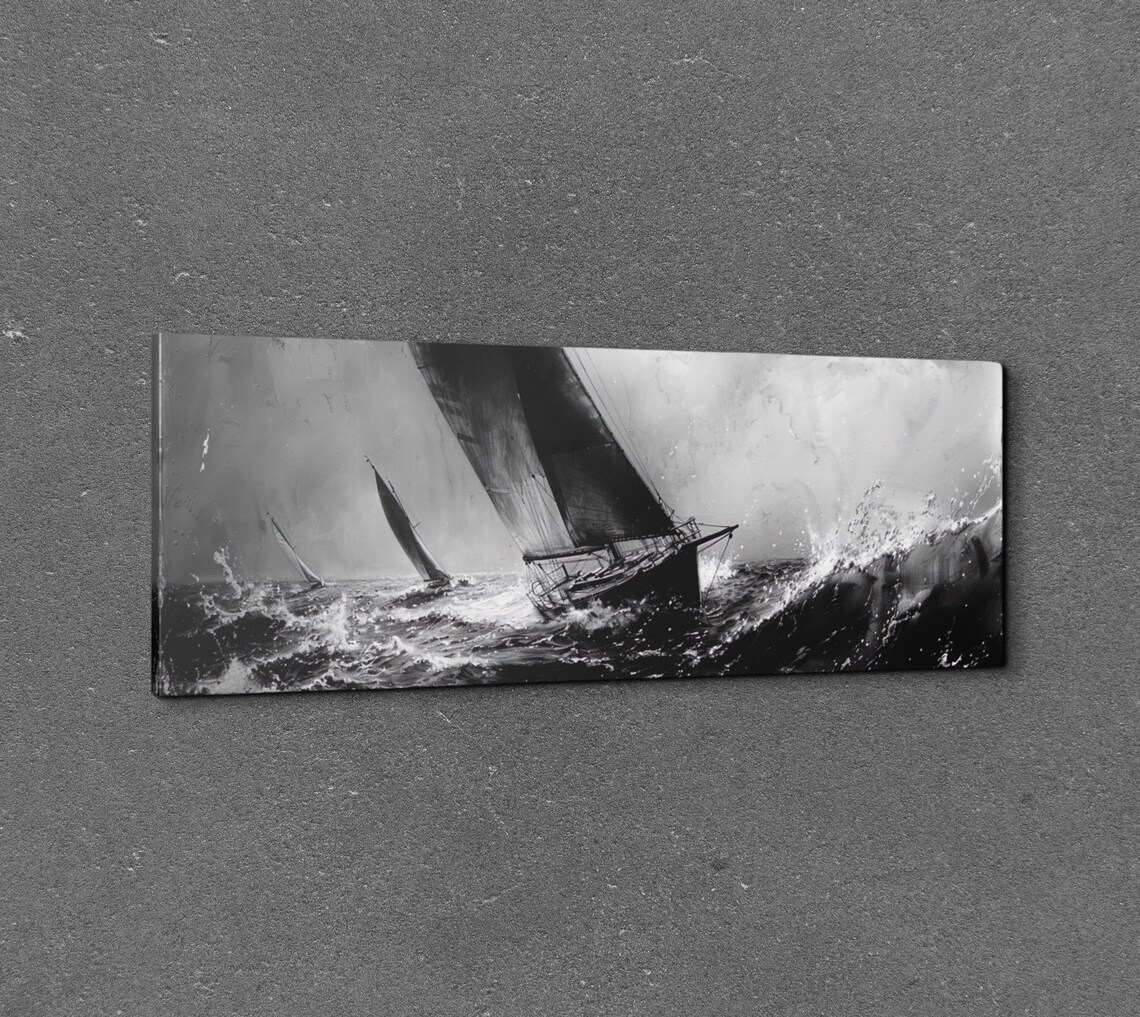 Sailboats Racing Stormy Sea Black White Dramatic Marine Panoramic Wall Art - Image 3