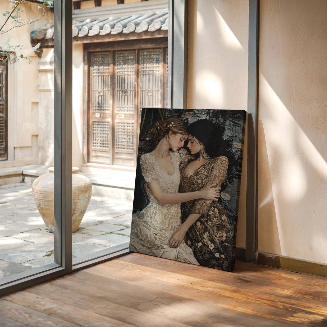 Romantic Embrace Wall Art Vintage Oil Painting Of Two Women In Lace Dresses Love And Intimacy Feminine Elegance Decor - Image 3