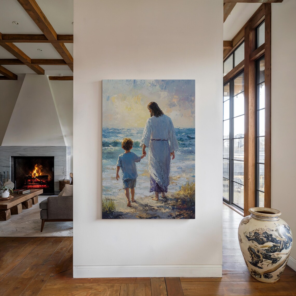 Jesus Holding Hand Of Child Walking Beach Christian Painting Poster - Image 4