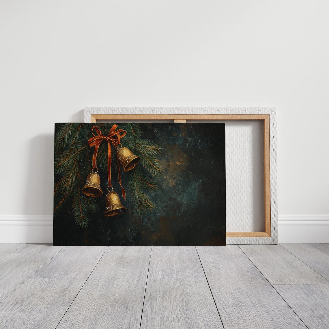 Golden Bells With Orange Ribbon Bow On Pine Dark Christmas Poster - Image 3