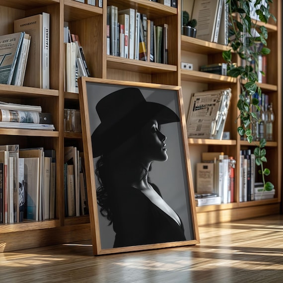 Cowgirl Silhouette with Cowboy Hat Black and White Western Portrait Poster