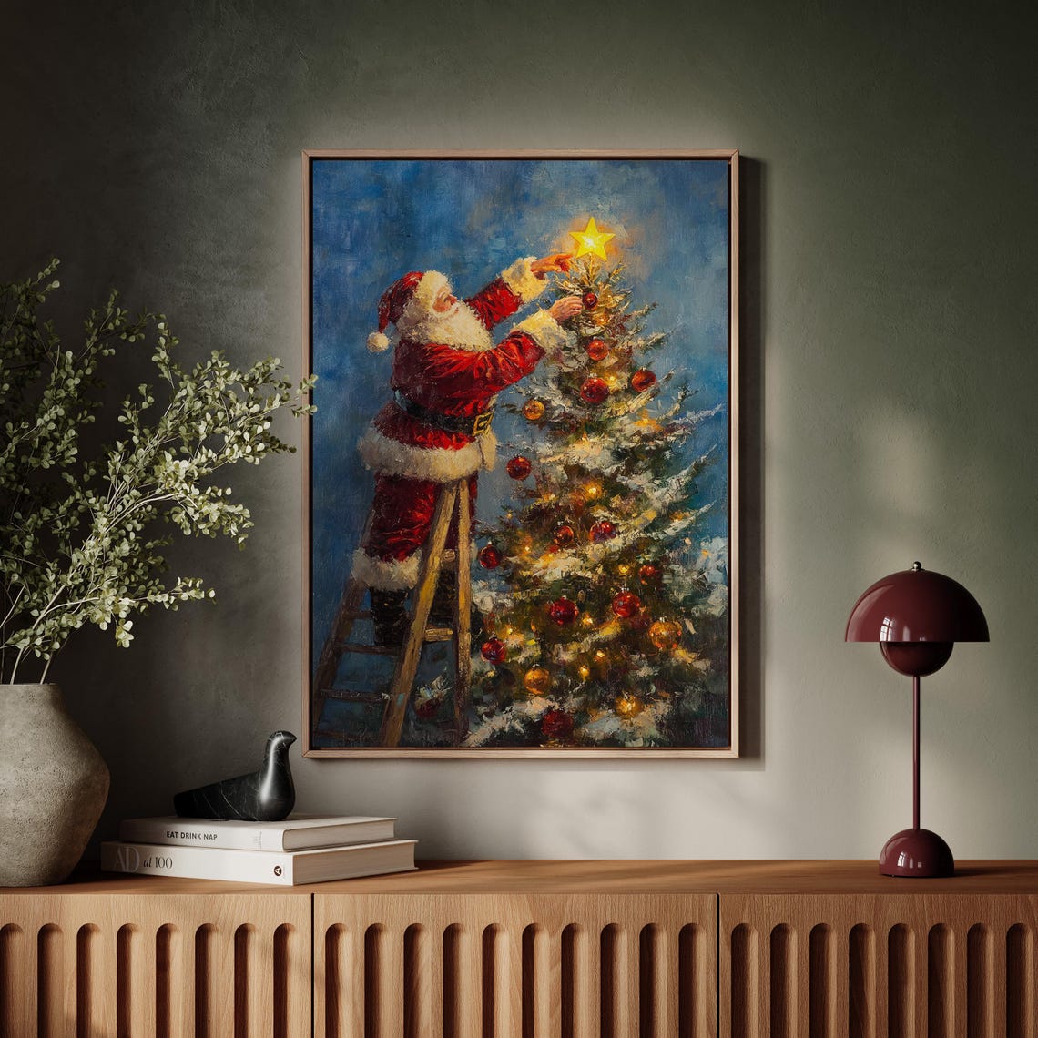 Santa Claus Placing Star On Christmas Tree Night Holiday Scene Poster - Image 4