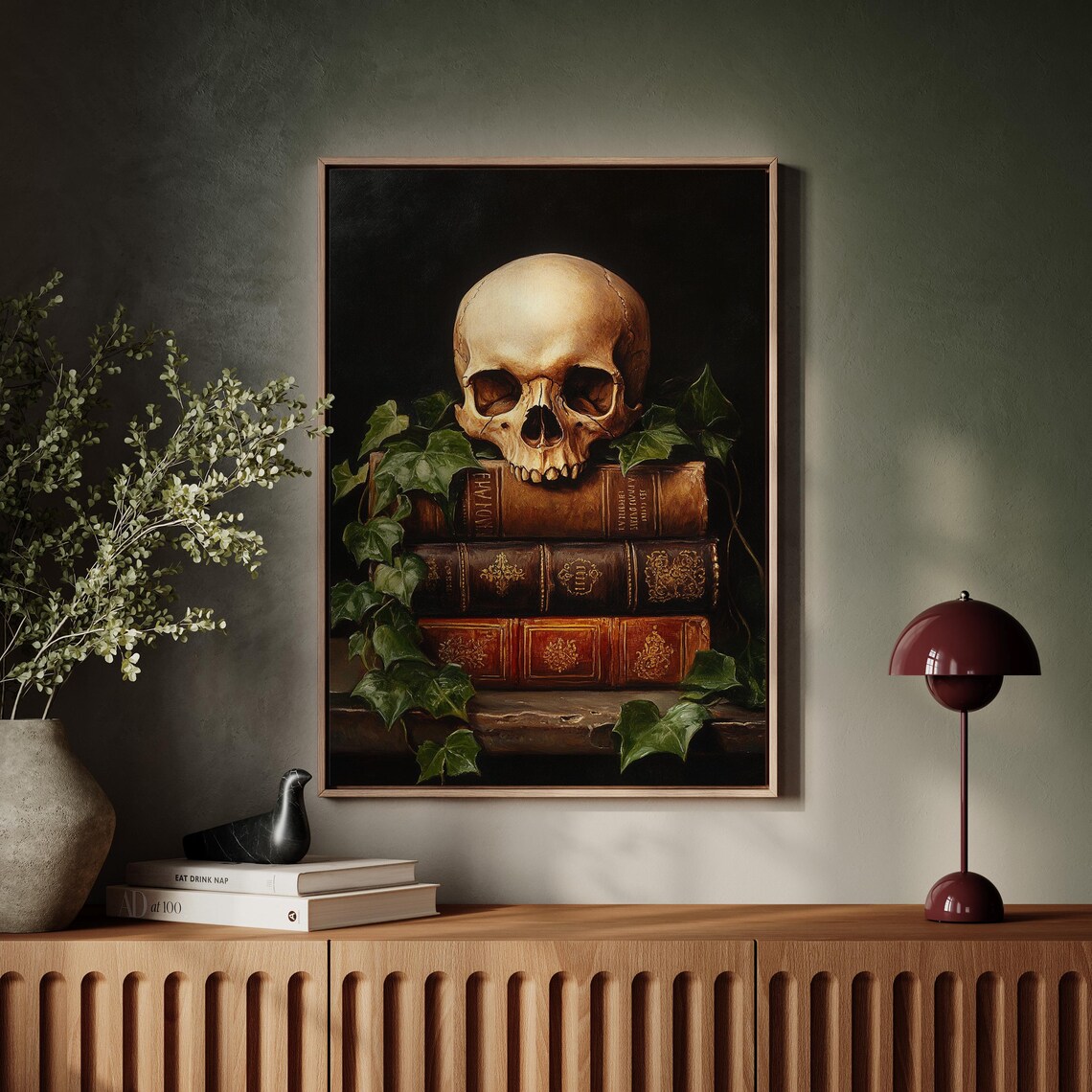 Vintage Skull On Antique Books With Ivy Dark Academia Still Life Wall Art - Image 3