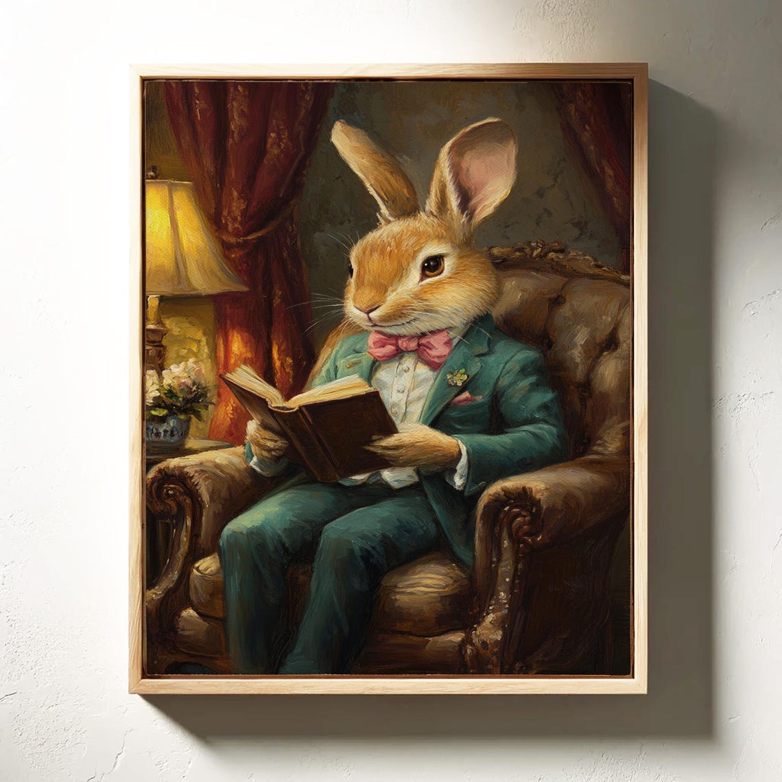 Gentleman Rabbit in Green Suit Reading Book in Library Chair Poster - Image 6