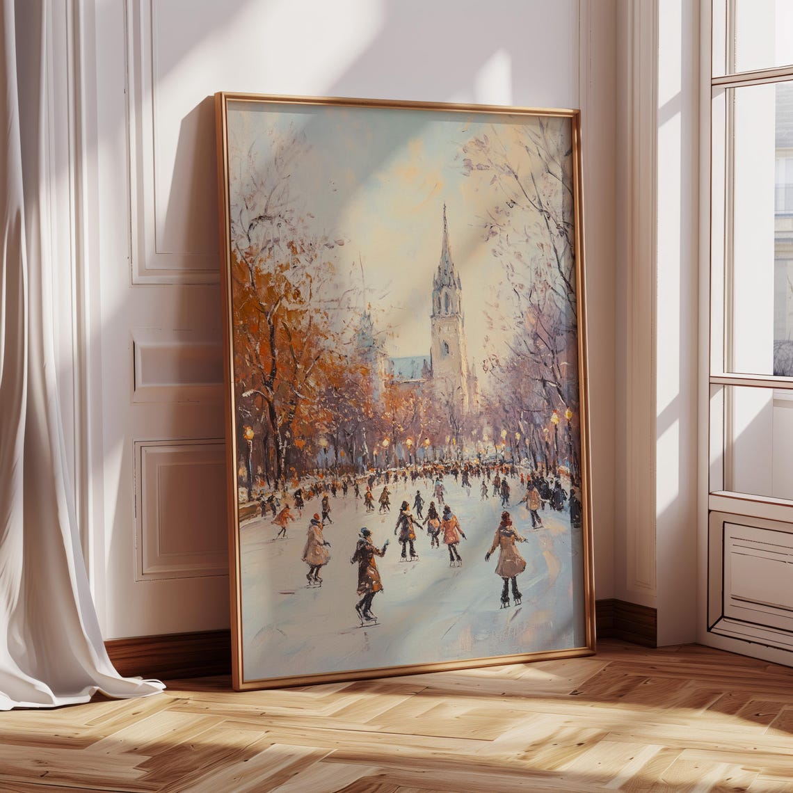 Romantic Ice Skating Scene Under Historic Tower In Winter Poster