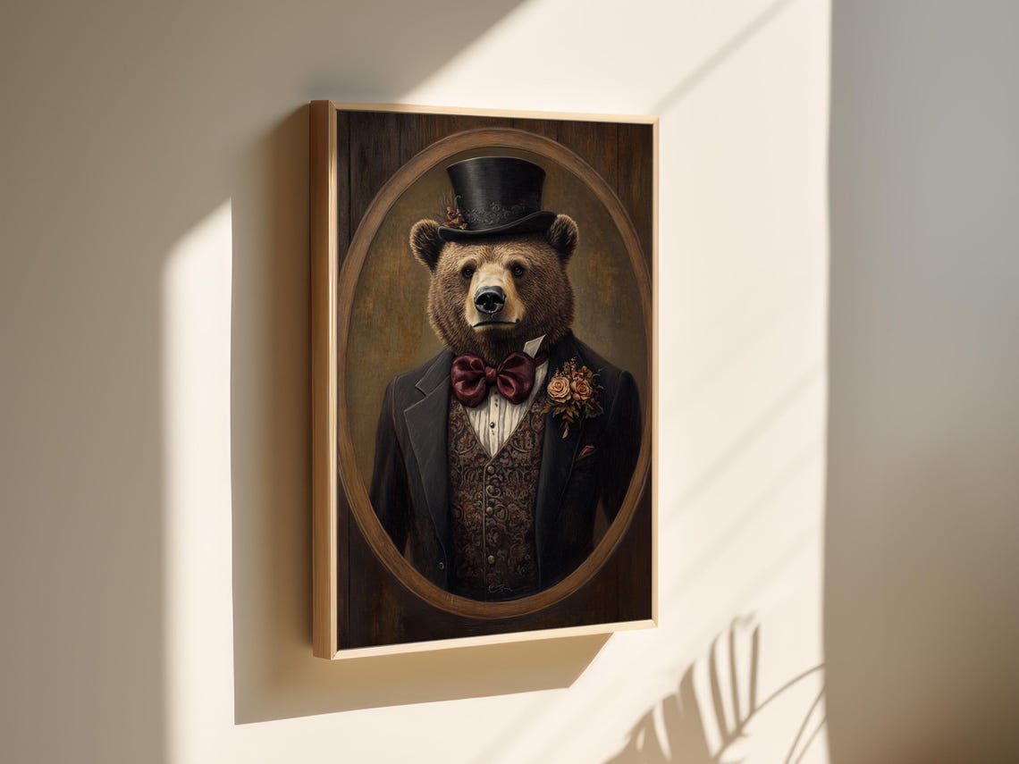 Dapper Bear Top Hat Burgundy Bow Tie Paisley Waistcoat Portrait Poster - Image 3