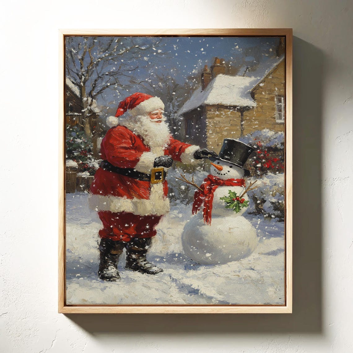 Santa Claus Placing Hat On Snowman Holly Snow Scene Vintage Poster