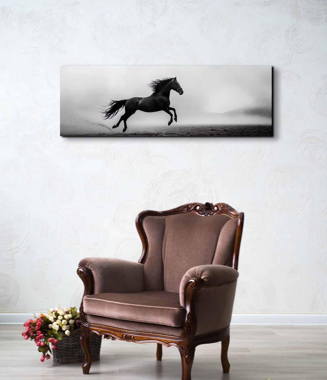 Black Horse Galloping Monochrome Misty Field Dramatic Art Poster - Image 5