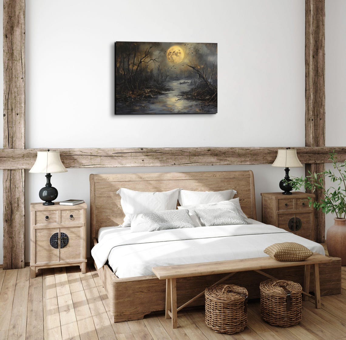 Golden Full Moon Over Spooky Swamp With Birds Gothic Halloween Poster - Image 6