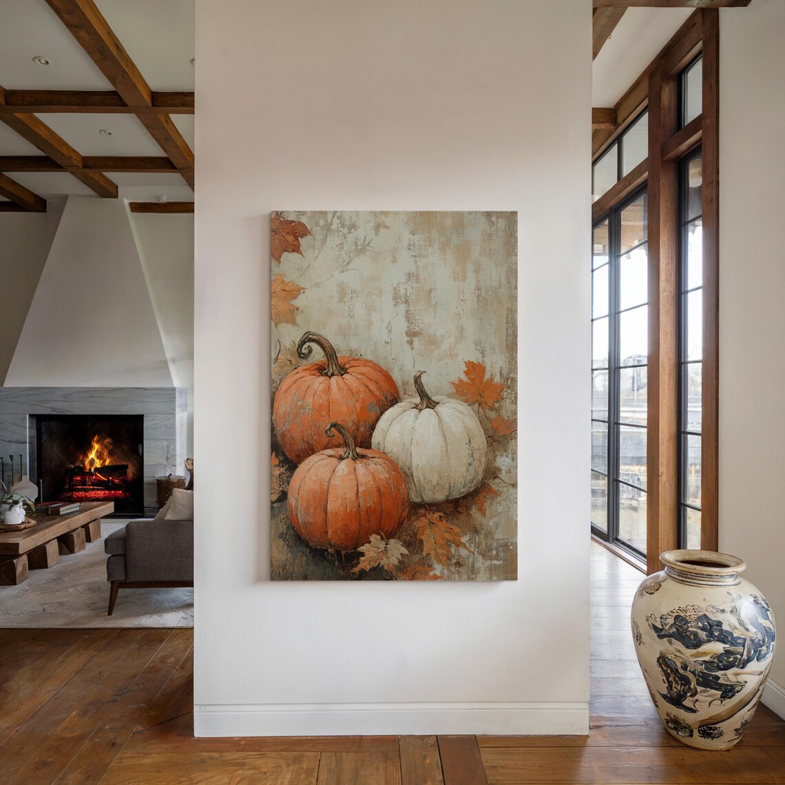 Rustic Orange and White Pumpkins Fall Harvest Painting with Leaves Poster - Image 5