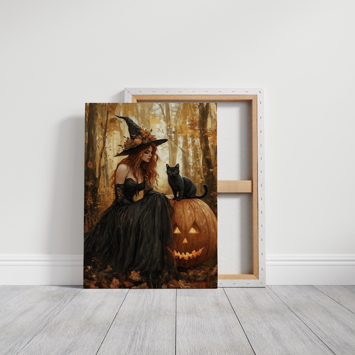 Elegant Redhead Witch and Black Cat on Pumpkin in Golden Autumn Forest Art - Image 2