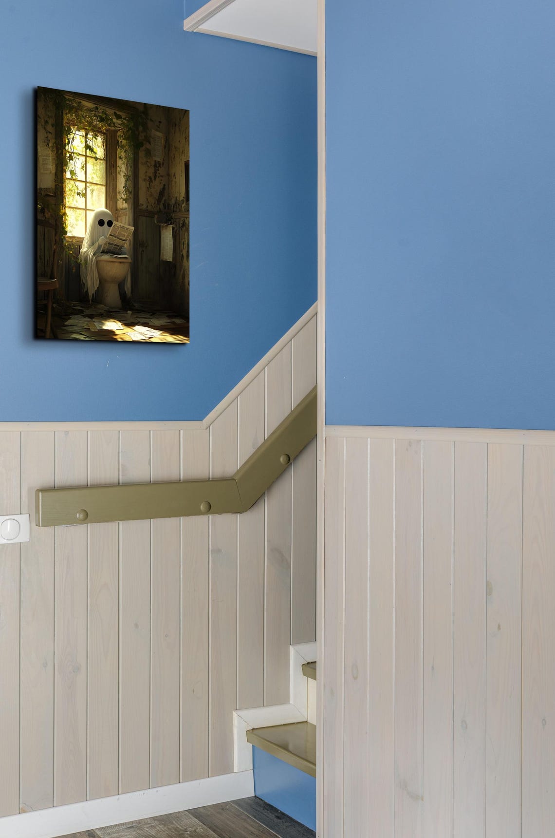 Funny Ghost Reading Newspaper on Toilet in Rustic Bathroom Poster - Image 2