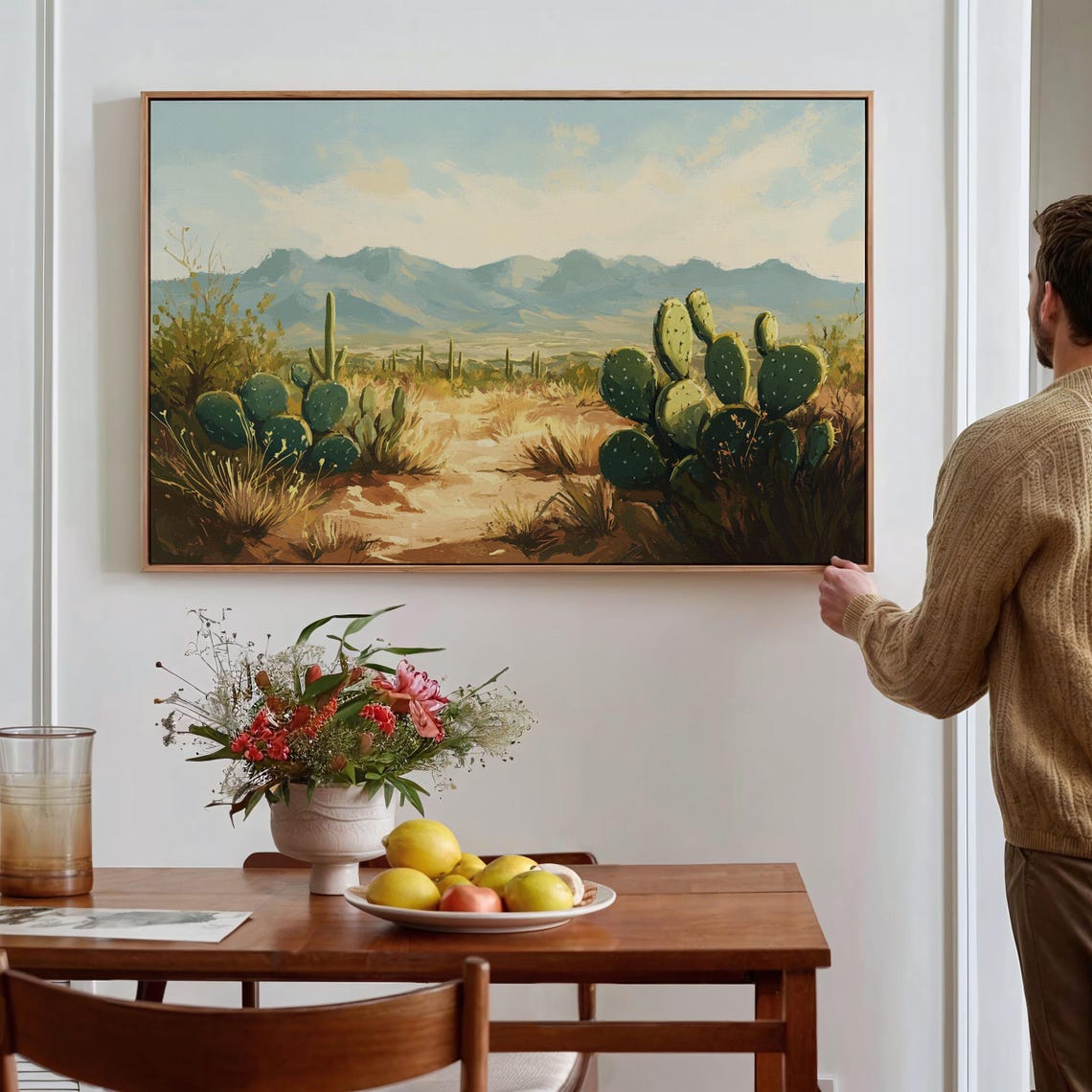 Serene Desert Morning with Prickly Pear Cactus Landscape Poster - Image 2