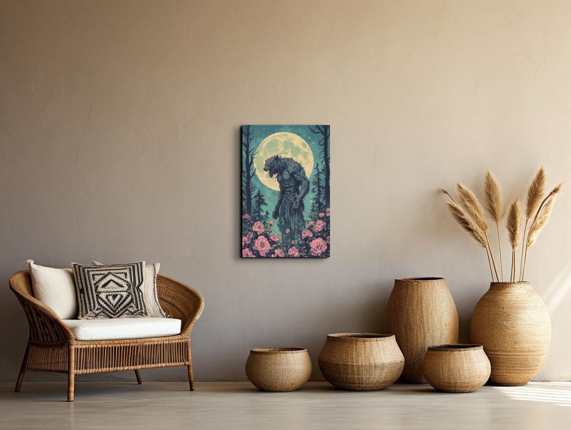 Werewolf Standing Among Moonlit Roses Full Moon Horror Art Poster - Image 6