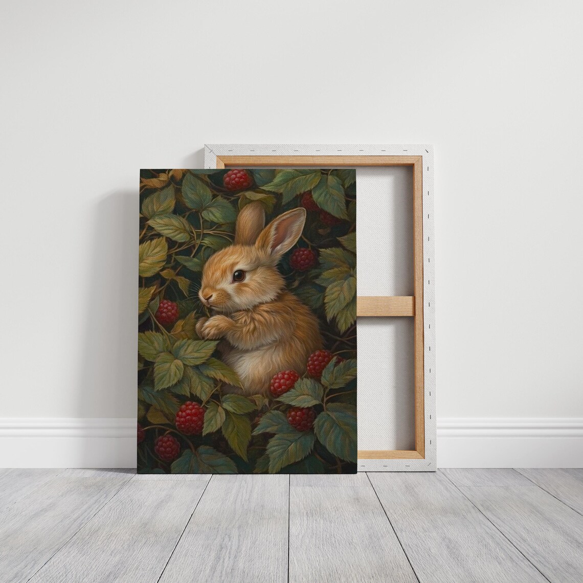 Adorable Bunny in Raspberry Bush Rustic Animal Art Print - Image 3
