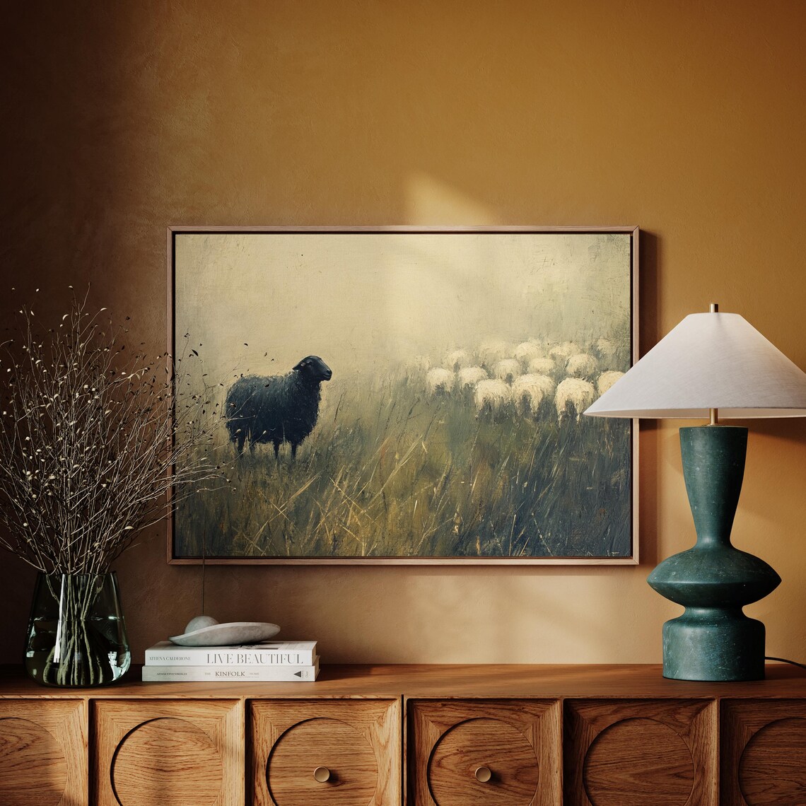 Black Sheep Standing in a Golden Field Moody Rustic Farmhouse Poster - Image 4