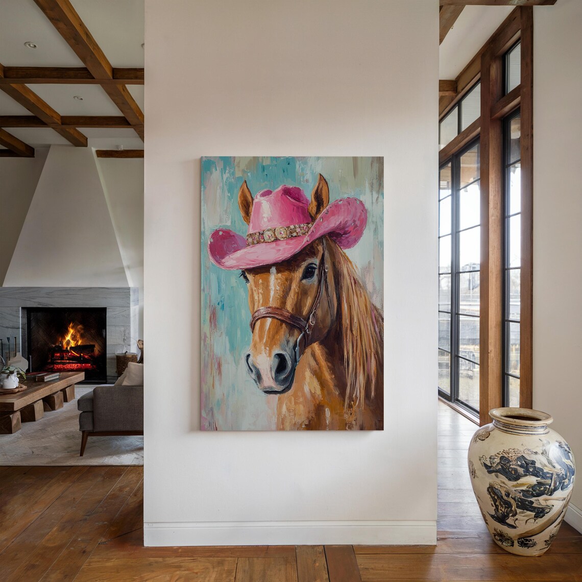 Horse Wearing Pink Cowgirl Hat Rhinestone Band Western Portrait Poster - Image 2