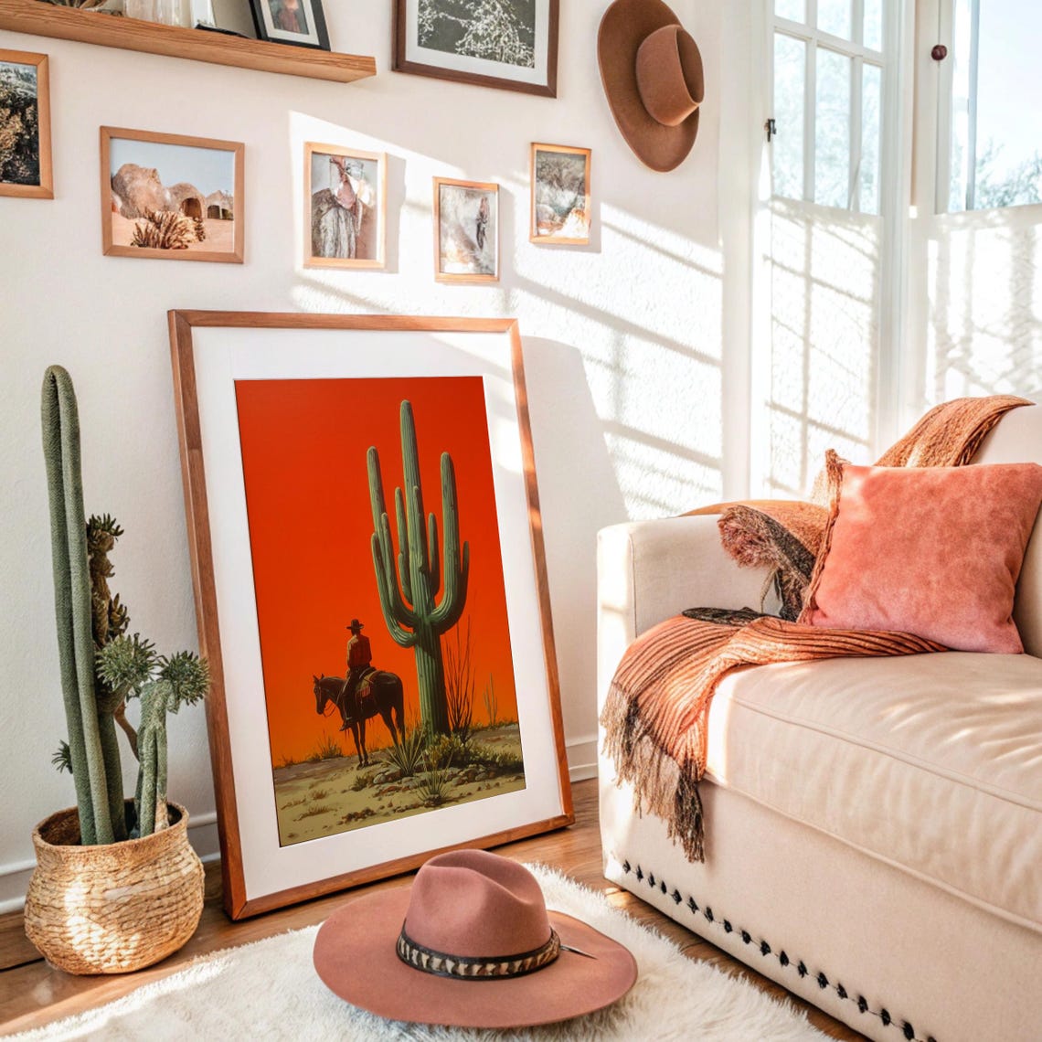 Cowboy On Horseback Beside Giant Cactus Blazing Orange Sky Poster