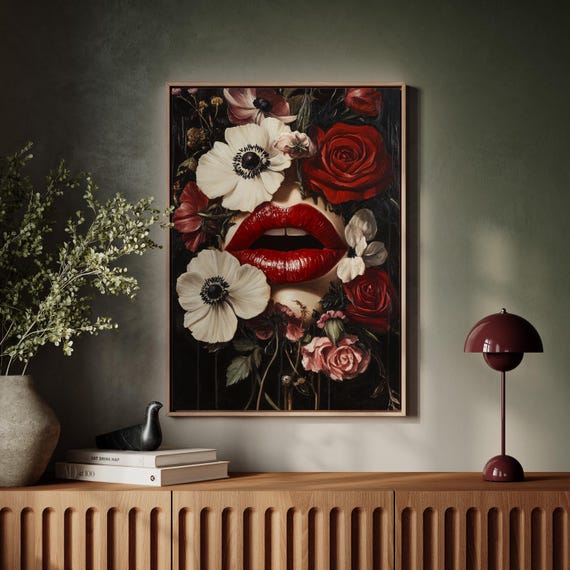 Vintage Oil Painting Of Red Lips And Roses With Bold Anemones Romantic Floral Wall Art In Dark Sensual Canvas Poster