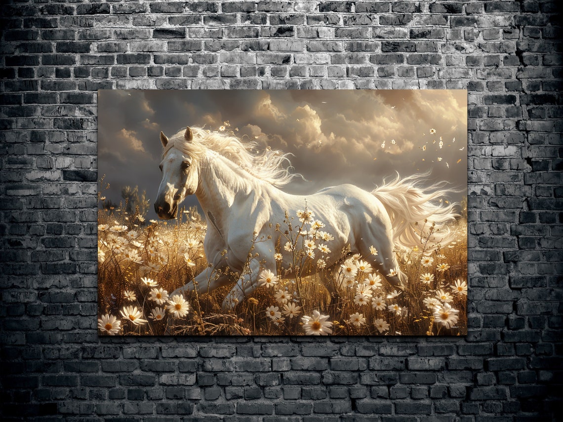 White Horse Galloping Daisy Field Golden Sunset Equine Poster - Image 2