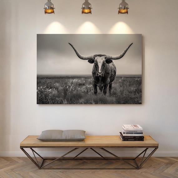 Texas Longhorn Bull Black and White Ranch Field Photo Poster