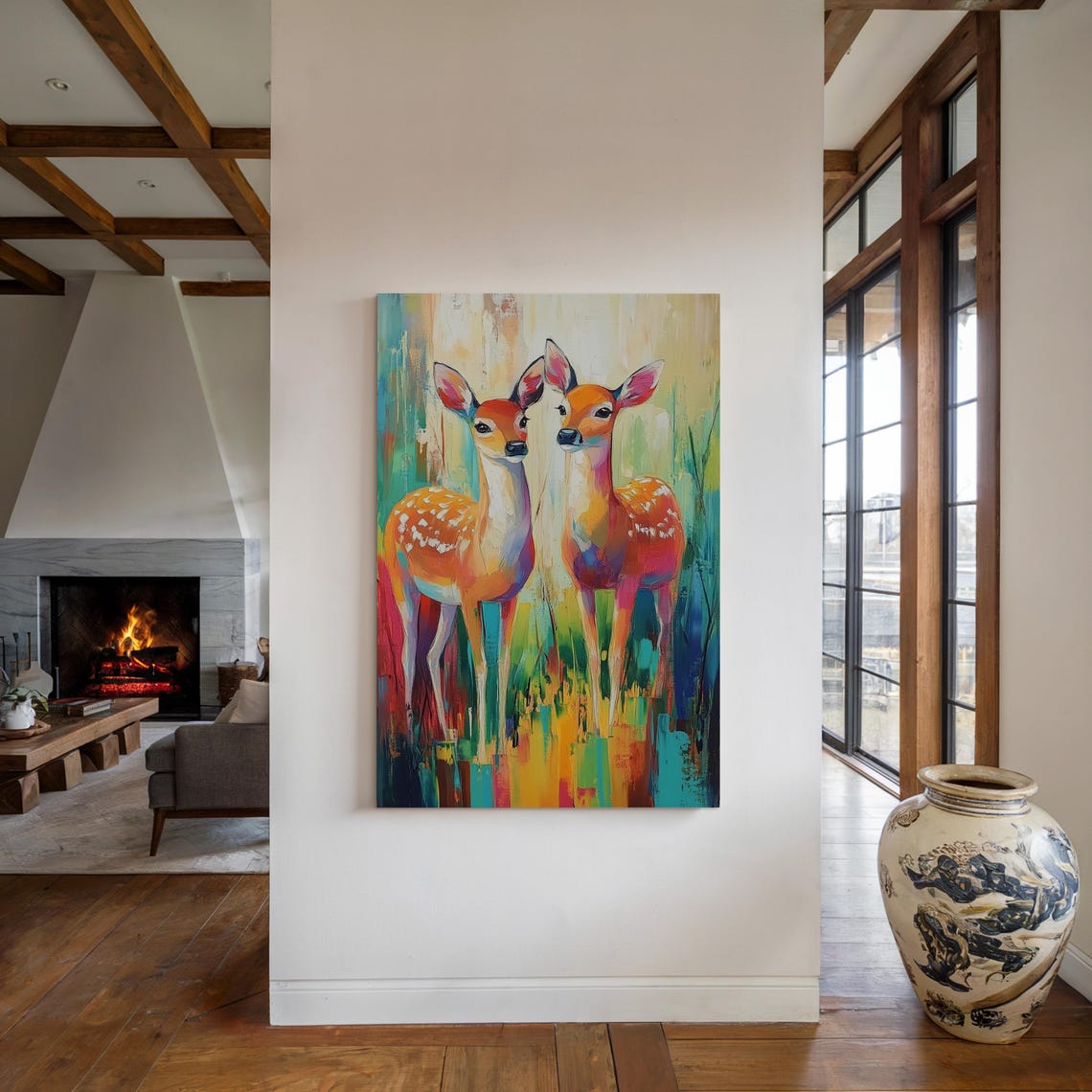 Colorful Spotted Fawn Duo Whimsical Abstract Wildlife Art Poster - Image 5