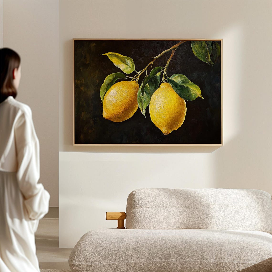 Two Yellow Lemons on Branch Against Dark Background Oil Poster - Image 2