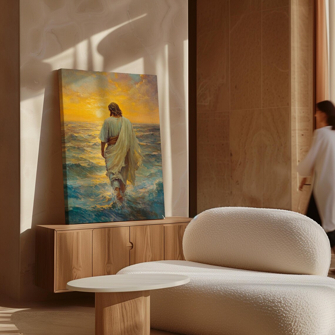 Jesus Walking On Waves At Sunrise Golden Christian Faith Art Poster - Image 7