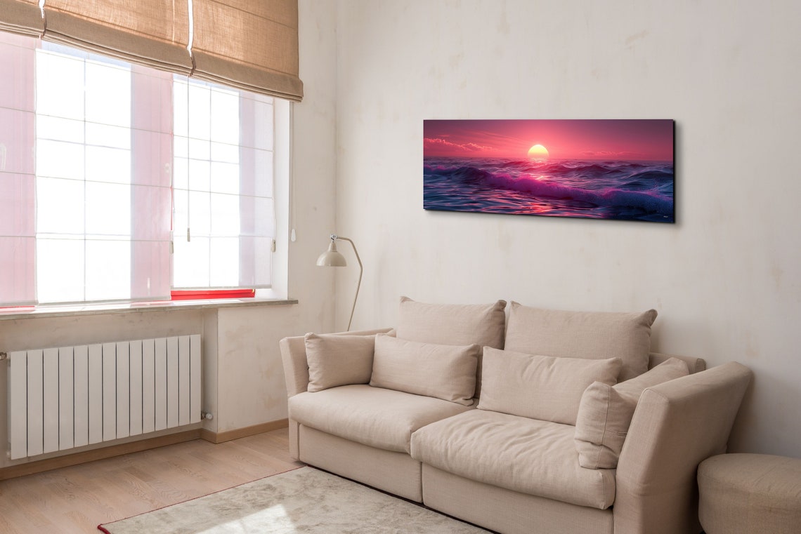 Pink Ocean Sunset with Waves Under Glowing Sun Panorama Wall Art - Image 4