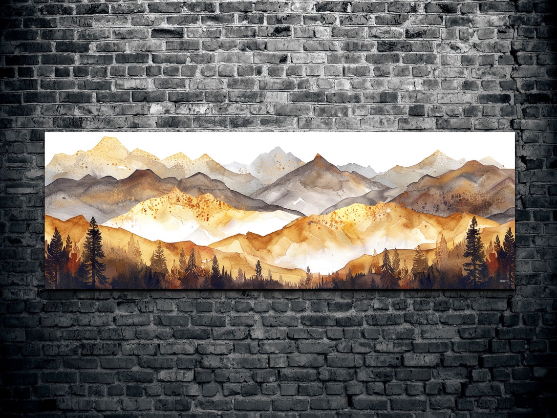 Golden Mountain Peaks Panoramic Watercolor Sunrise Landscape Poster - Image 2