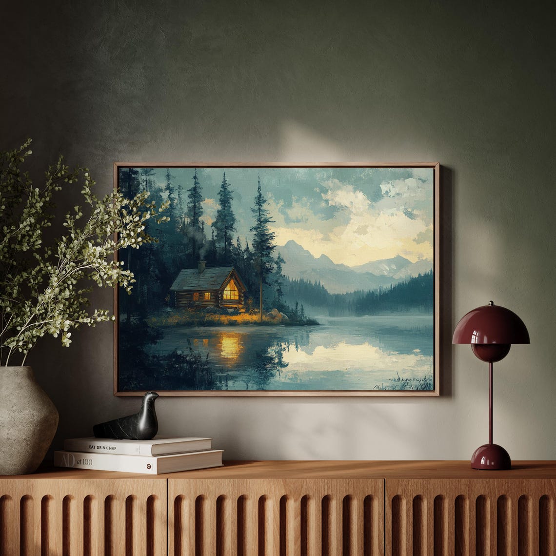 Cozy Log Cabin Lake Dusk Pine Forest Mountain Reflection Poster - Image 5