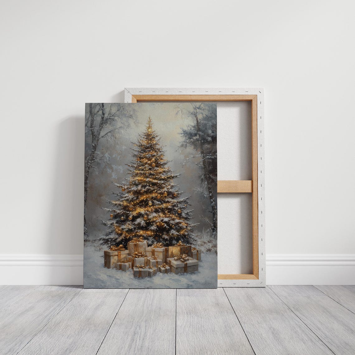 Golden Lit Christmas Tree with Gifts in a Winter Snow Poster - Image 6