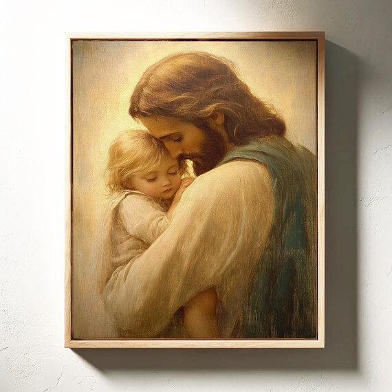 Jesus Embracing a Small Child in Warm Golden Light Christian Poster