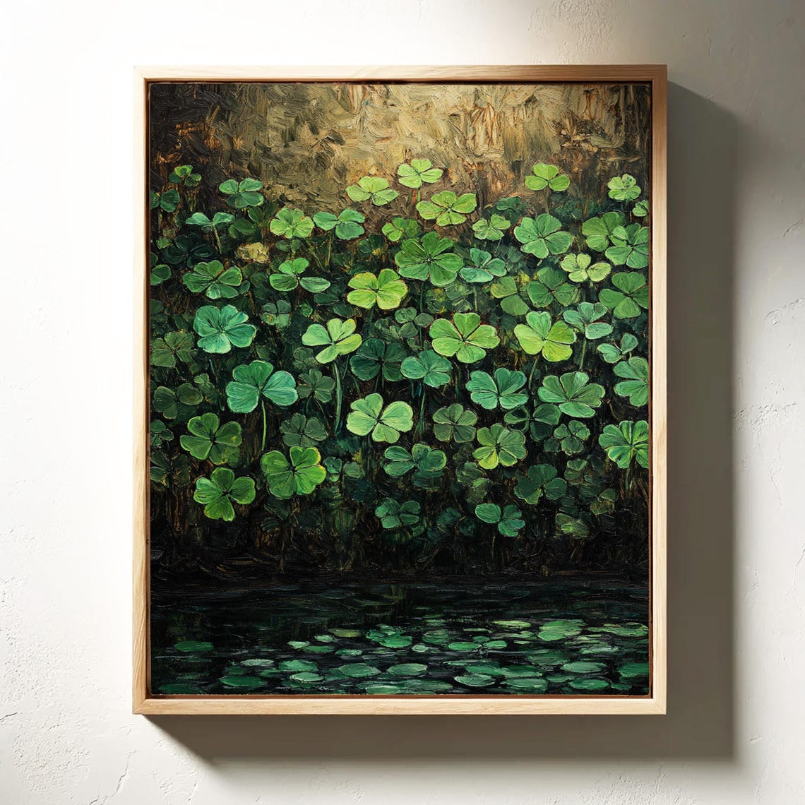 Dense Green Clover Field Above Dark Water Moody Botanical Wall Art - Image 6