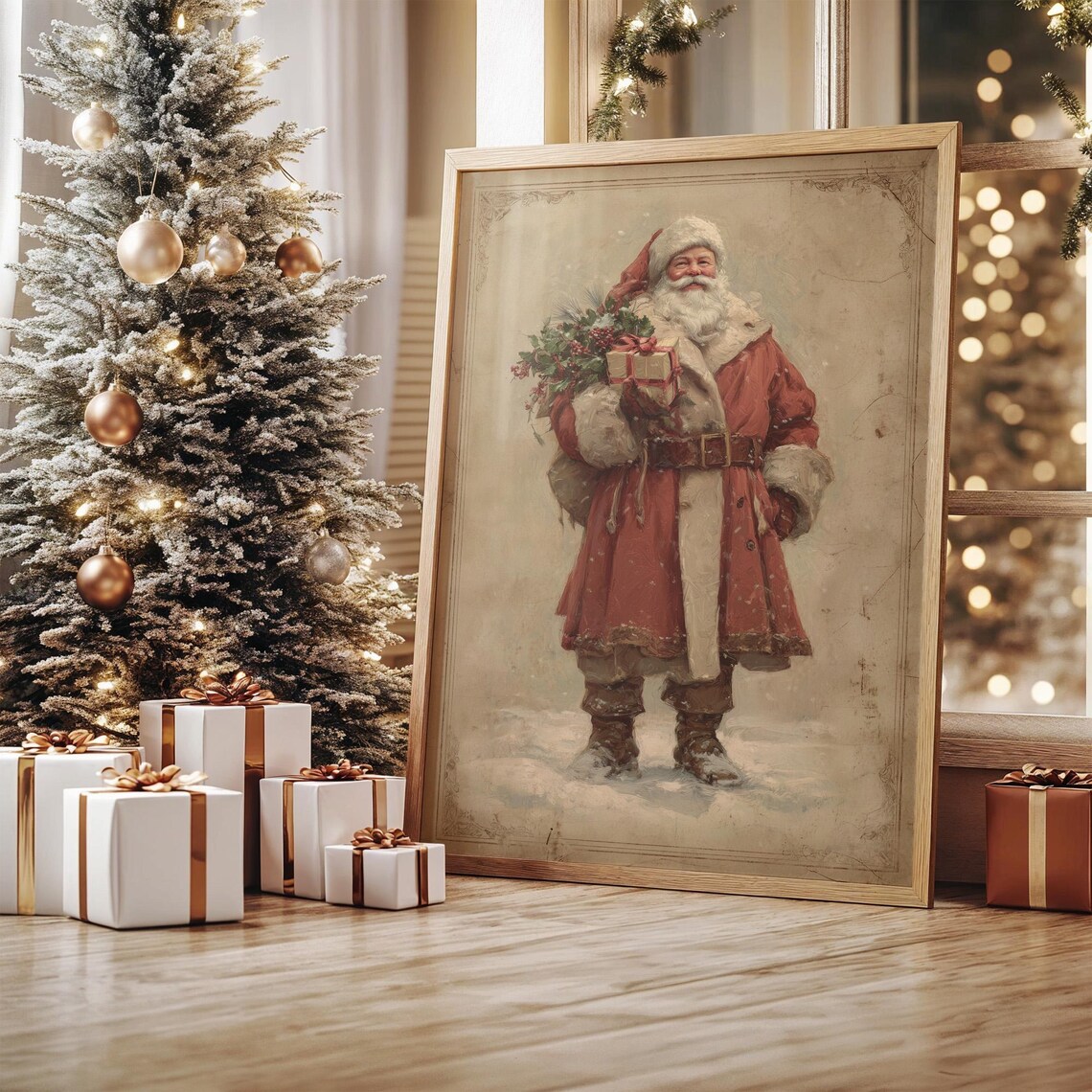 Vintage Santa With Gift And Holly Bouquet Poster