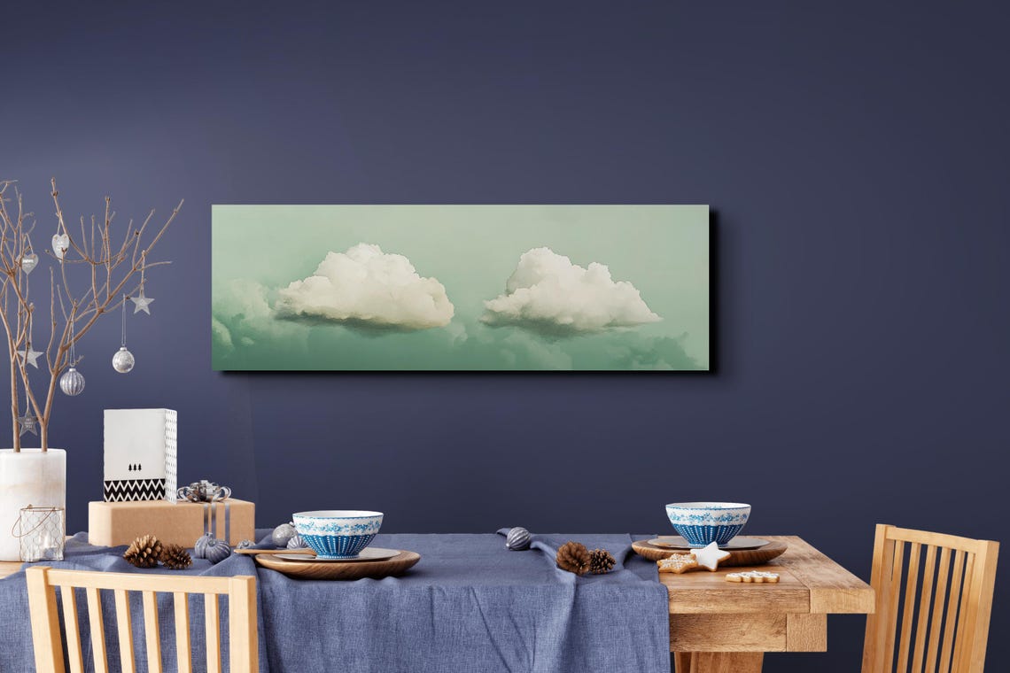 Two Soft Green Clouds on Mint Sky Calm Peaceful Cloudscape Art Poster - Image 5